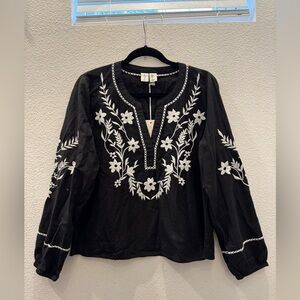 Joie Black Blouse with White Floral Embroidery
